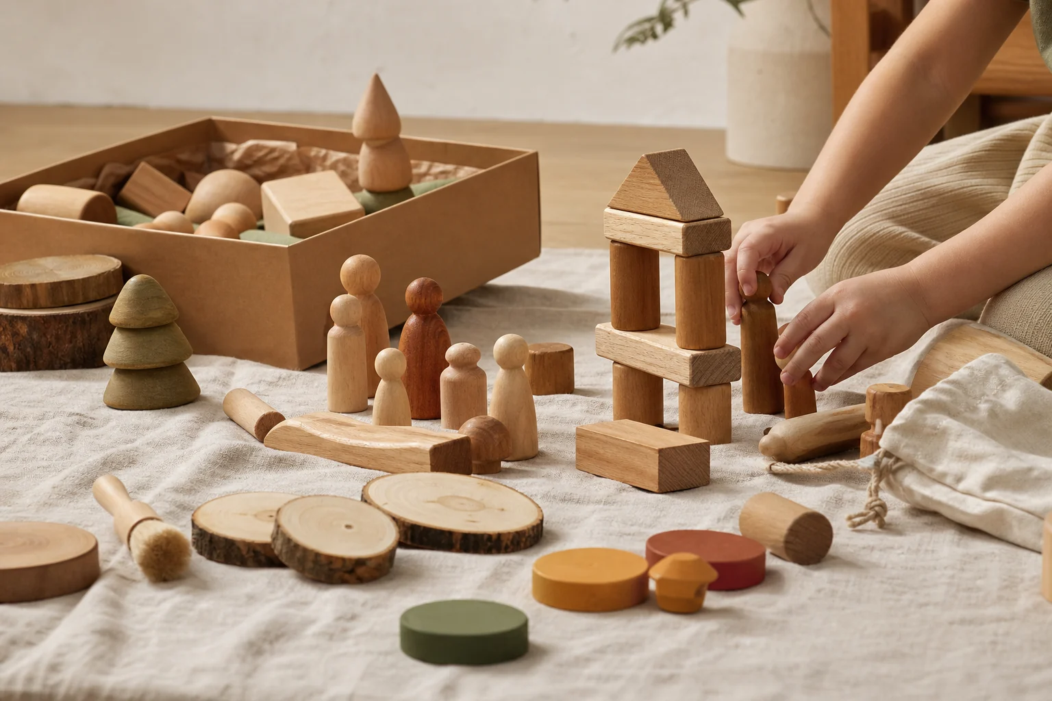 Woopy wooden toys and craft pieces arranged by child hands