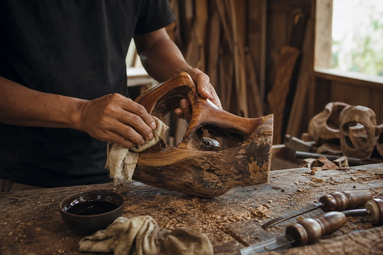 Hands oiling an abstract wood piece in a workshop